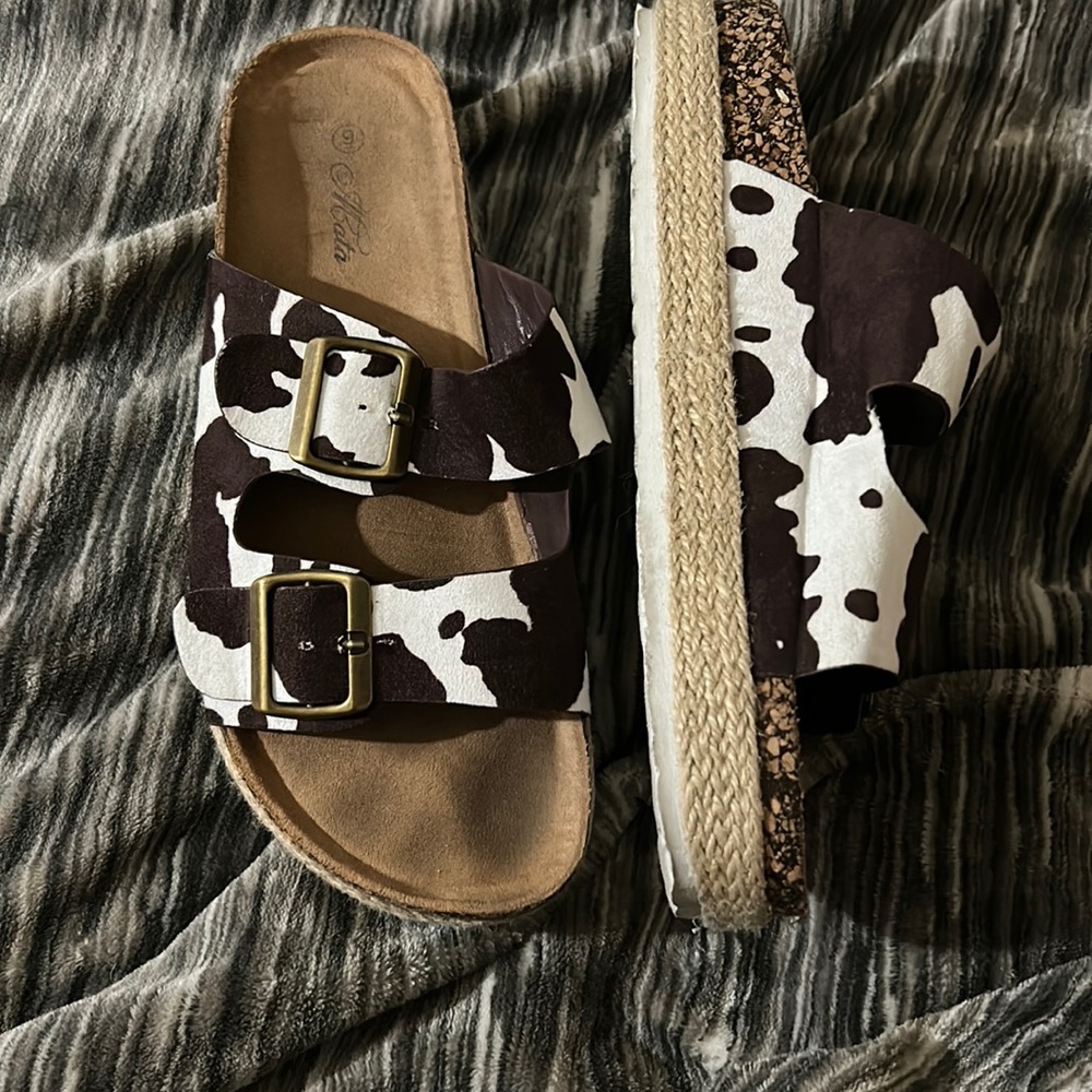 Cow print platform sandals